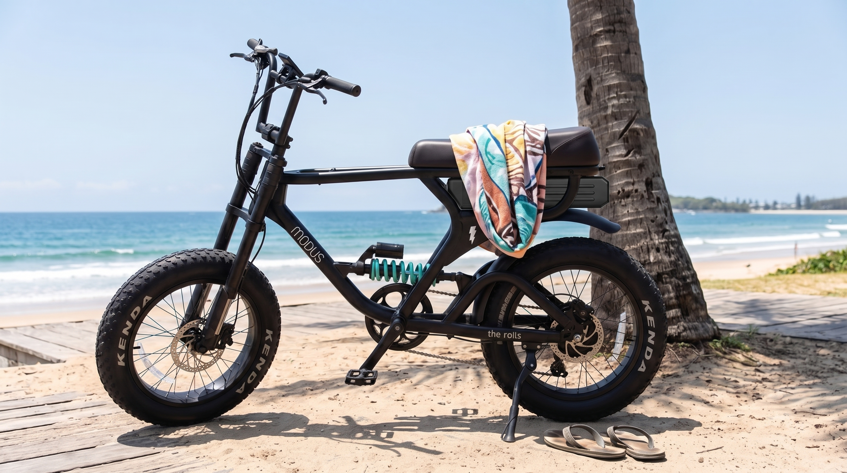 The Rolls dual suspension fat tyre electric bike parked by the beach