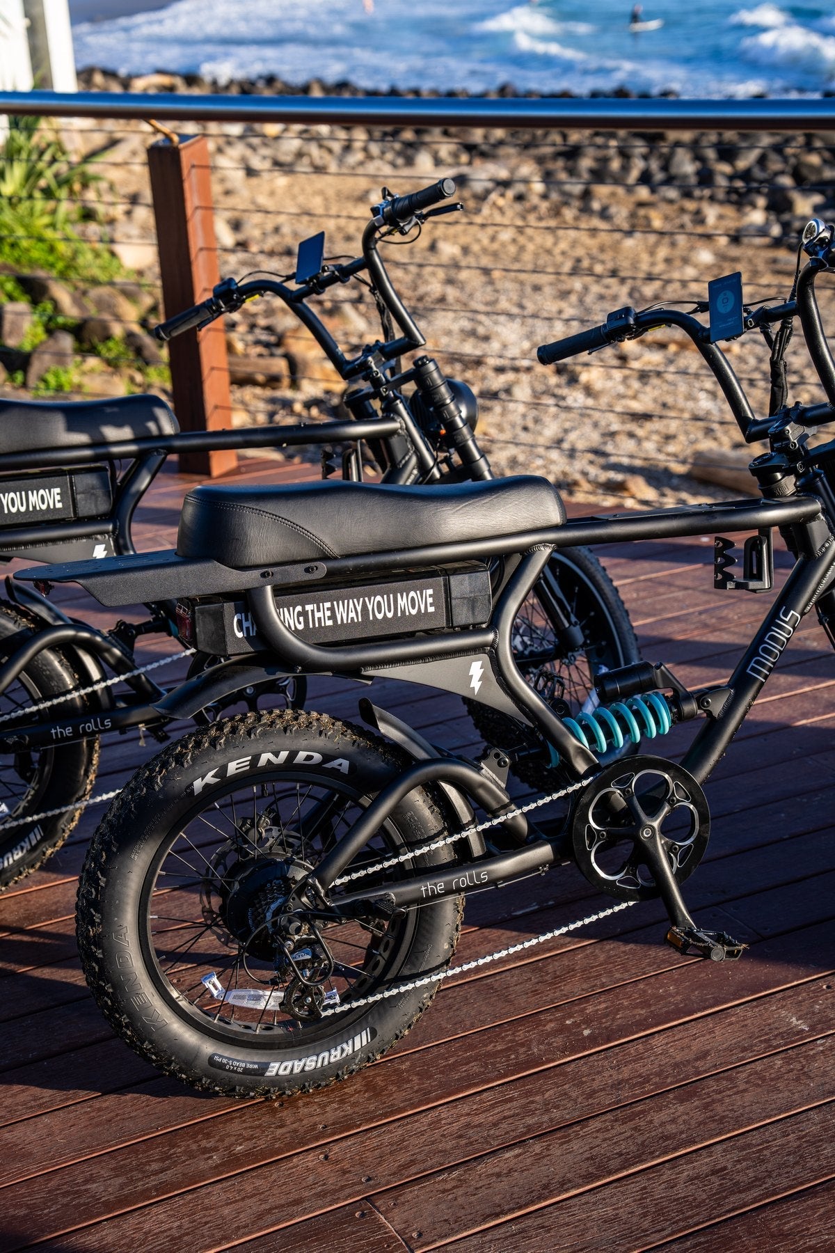 The Rolls front three quarter view showing the suspension fork, headlight and Kenda fat tyres