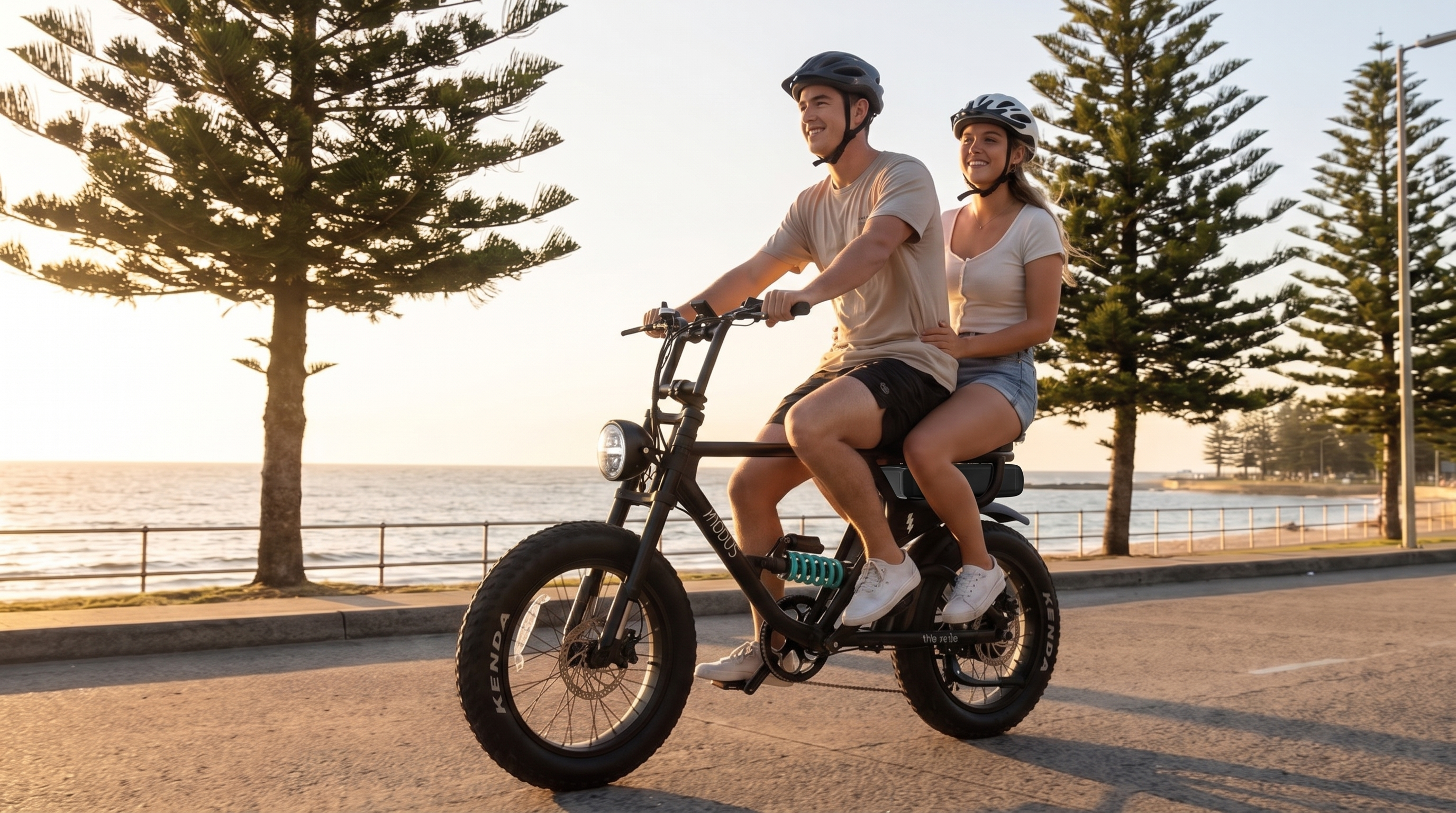 Couple riding the Rolls two-up along a beachside esplanade at sunset